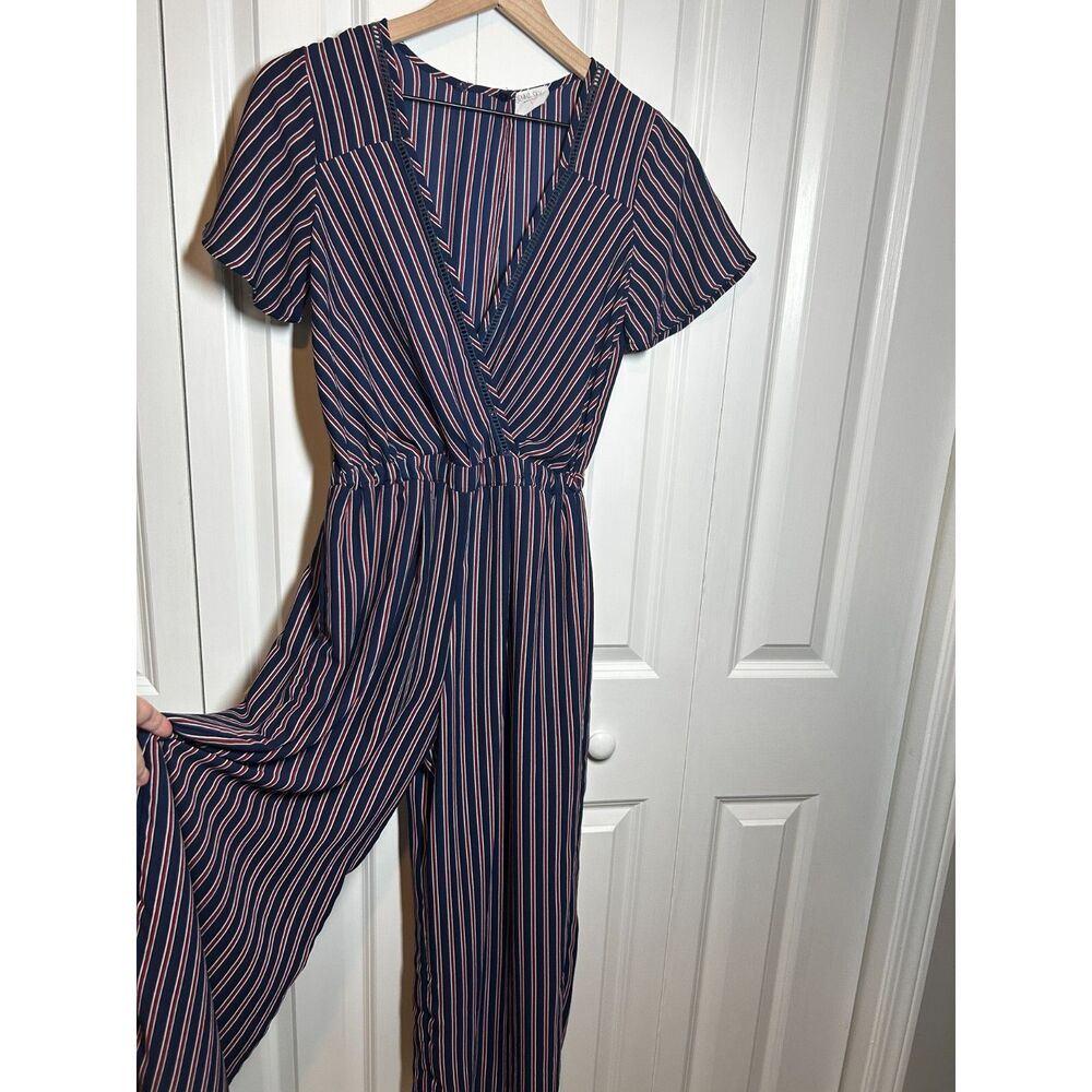 Sienna Sky Striped Jumpsuit Size Small Navy Blue Red Vertical Stripes V-Neck